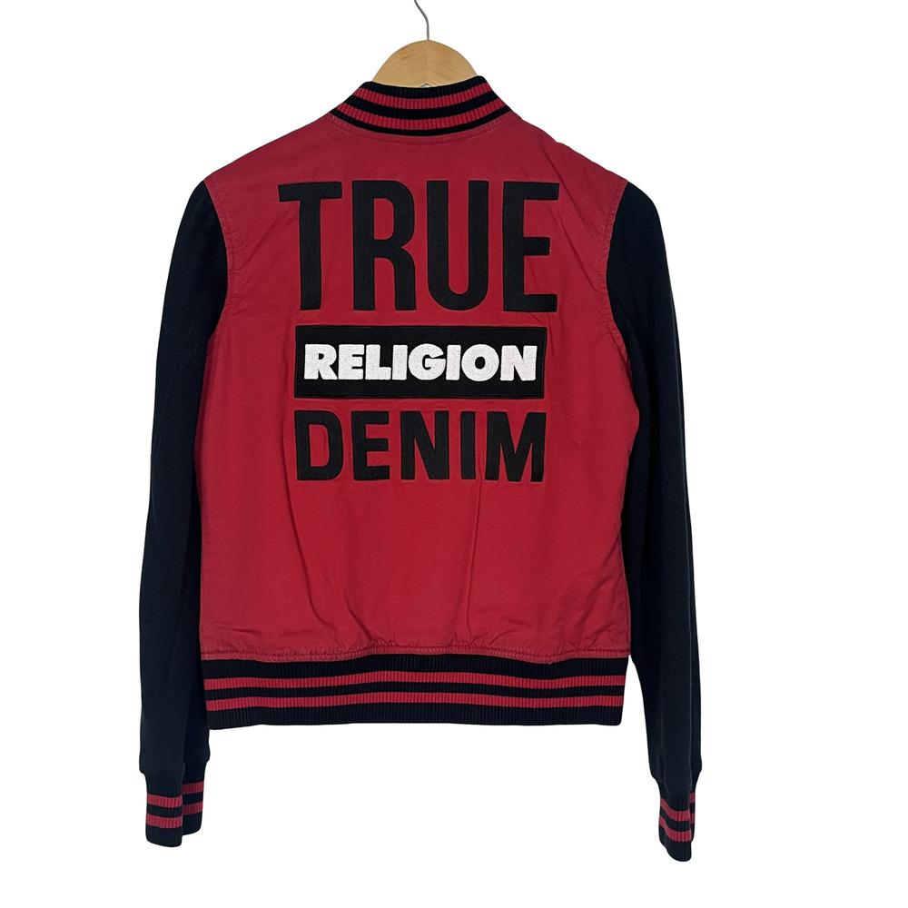 True Religion Varsity Jacket Womens S Red Black Logo‎ Snap Front Bomber Preppy